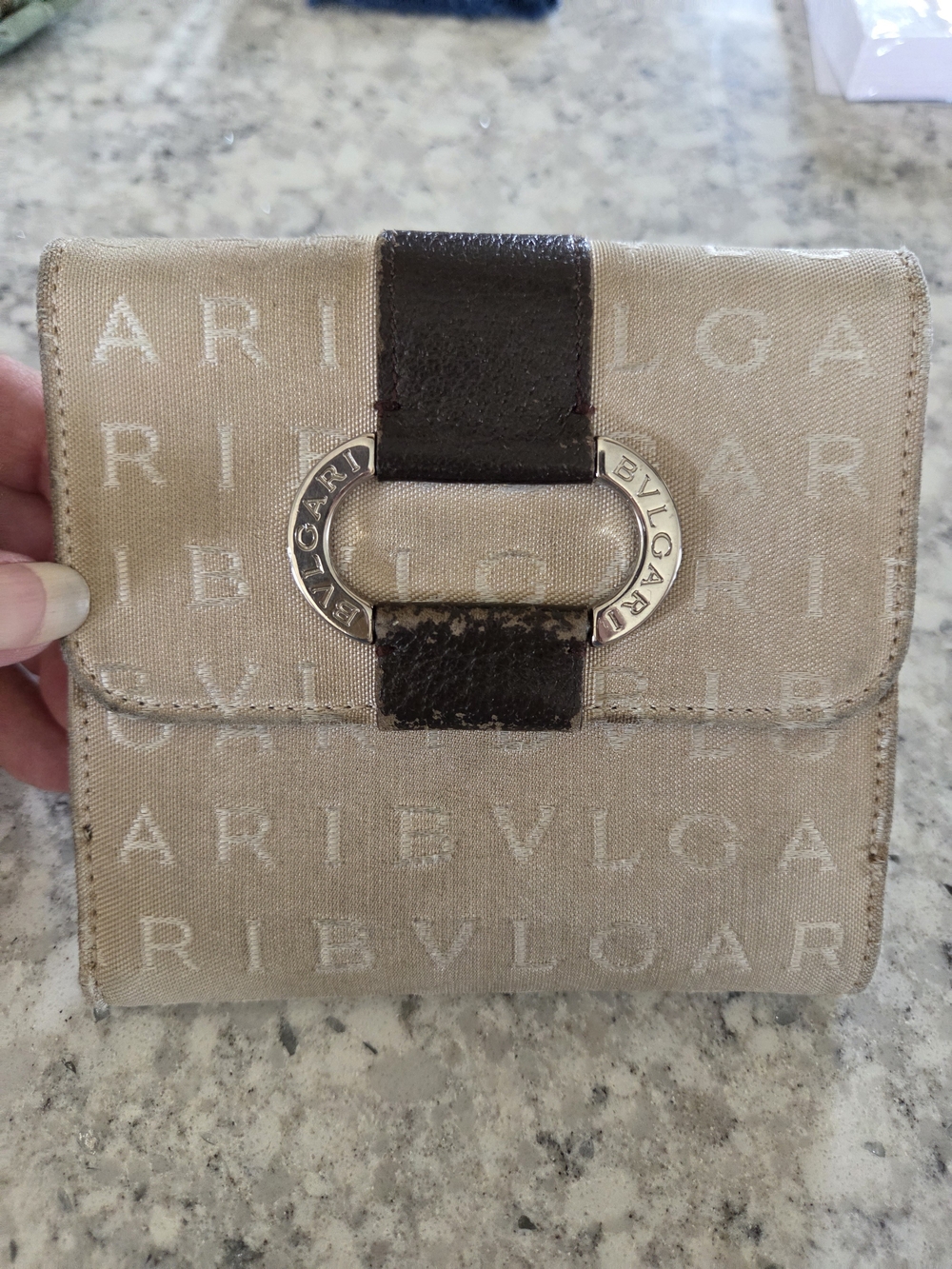 BVLGARI Beige Logo Canvas Wallet with Dark Brown Leather Trim